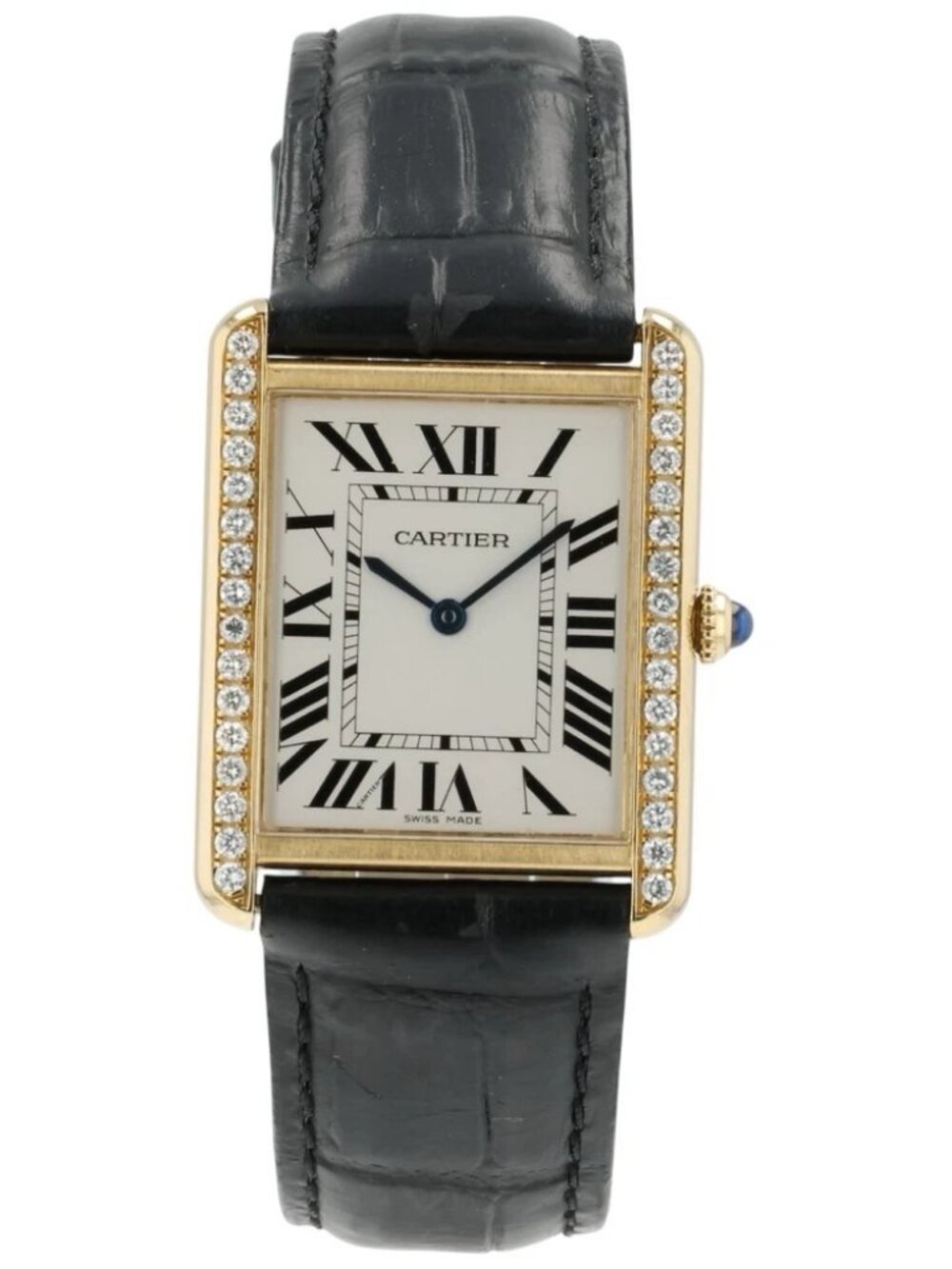 Cartier Tank Solo Silver Dial 18k Yellow Gold 34mm Quartz Diamond Watch